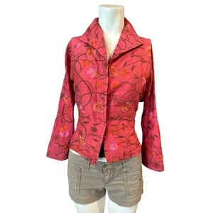 CARLISLE 100% RED SILK FLORAL EMBROIDERED JACKET/TOP/BLAZER. SZ. 12 bussines